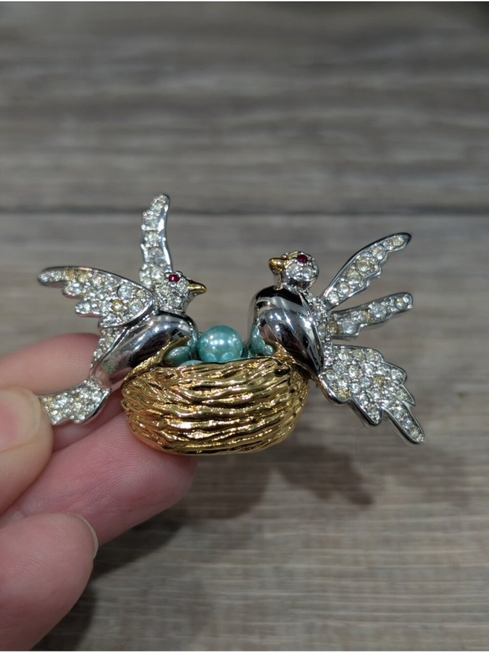 Joan Rivers Birds on Nest Rhinestone Brooch Figural Blue Bird Egg Pin Vintage